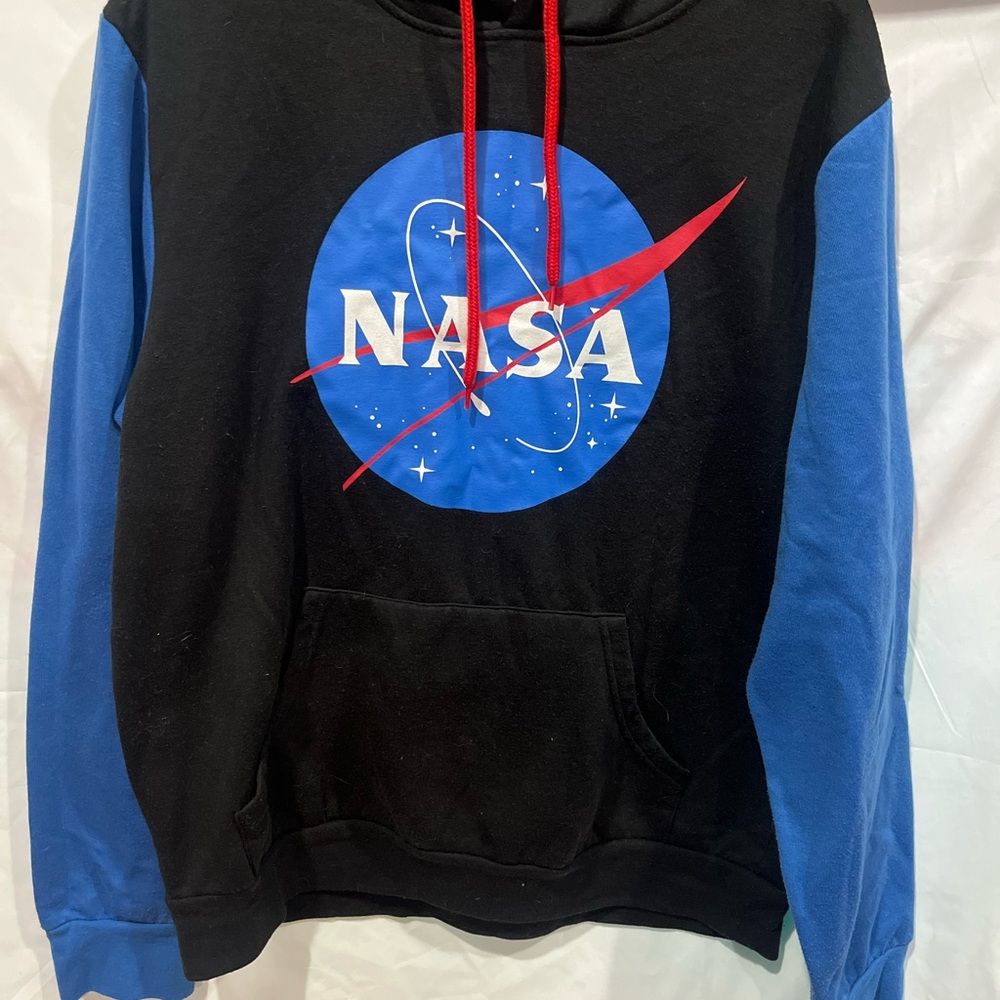 Fifth Sun Black NASA Hoodie with Blue Sleeves and Red Accents